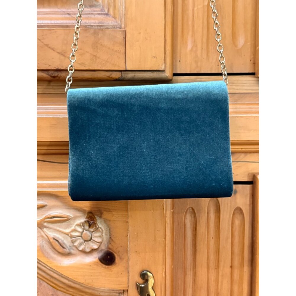 The Limited Blue Teal Velvet Bow Shoulder Purse Bag Dress Party Gold Chain Strap - Picture 4 of 6